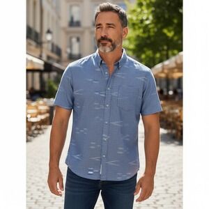 Distortion Mens Blue Ikat Print Button Down Shirt S  Coastal Summer Resort